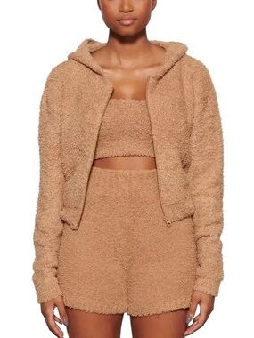 SKIMS Cozy Knit Cropped Zip Hoodie Fuzzy Beige Size Small